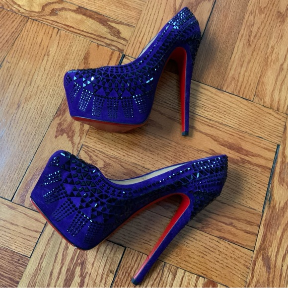 Christian Louboutin Purple Daffodil Black Studded Pump Platform High Size 38 - Picture 1 of 13